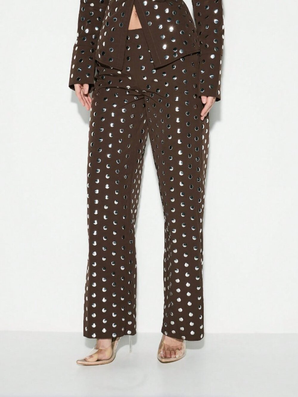 Coffee Brown Evening Women's Studded Leg Trousers with Metallic Embellishments